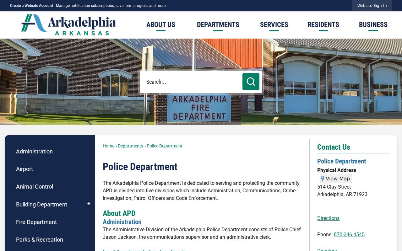 Arkadelphia Police Department page for local arrest and police records