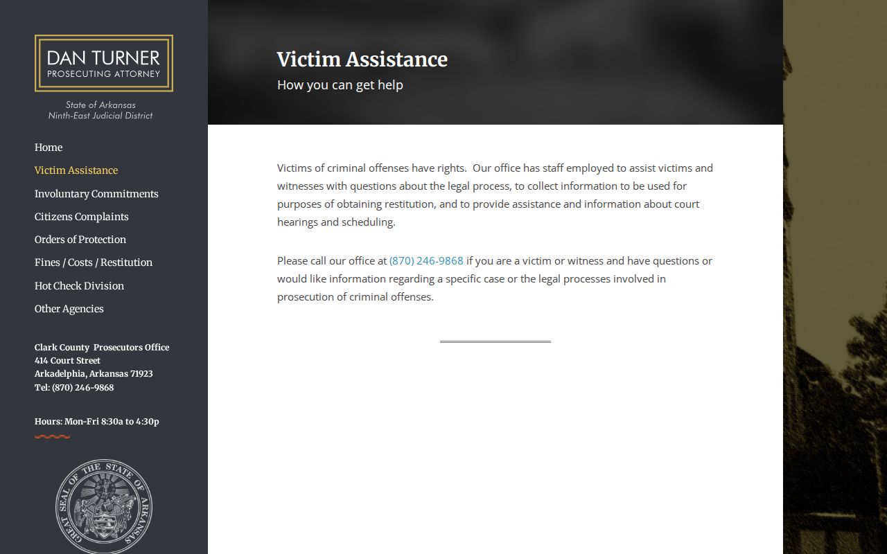 Arkadelphia criminal records prosecutor victim assistance page