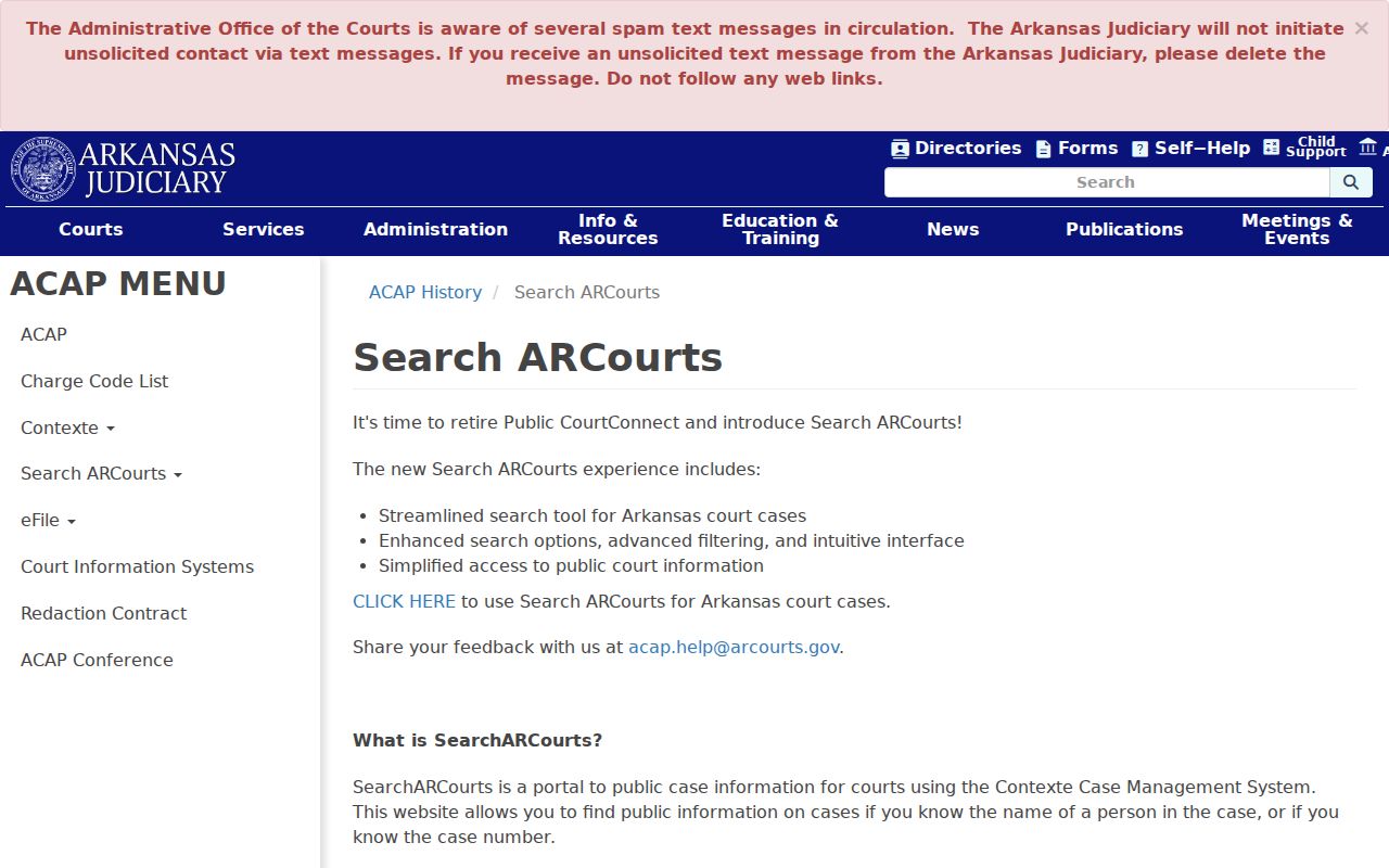 Arkansas Judiciary Search ARCourts support page for court record help