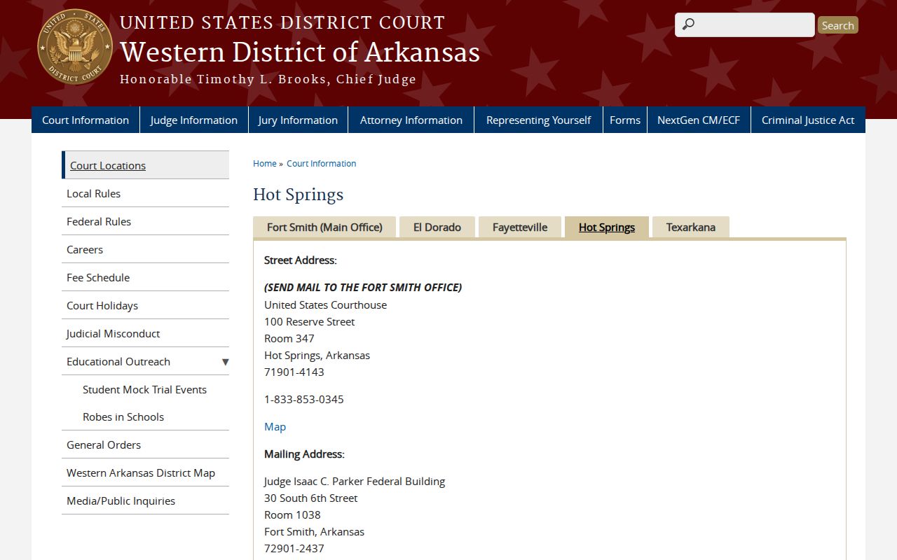 Western District of Arkansas Hot Springs courthouse information for federal cases
