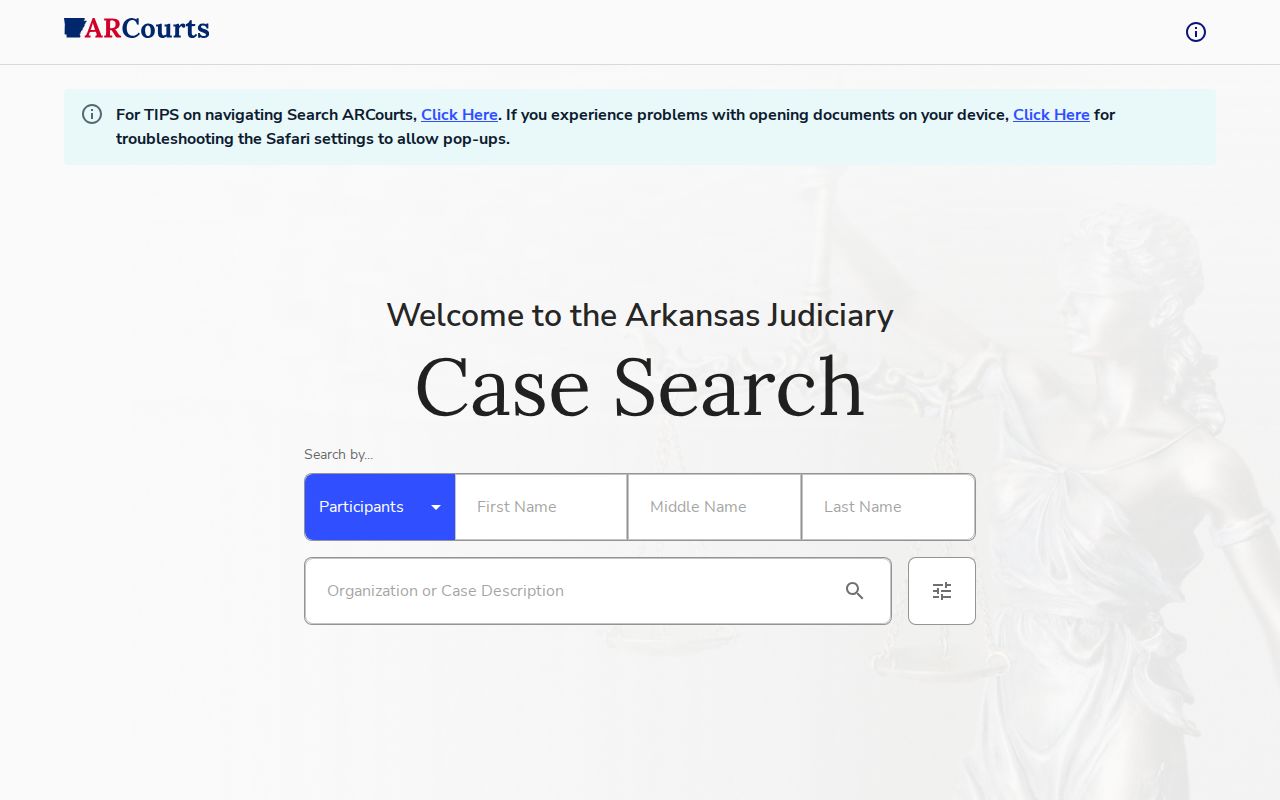 Search ARCourts interface for Clark County criminal case searches