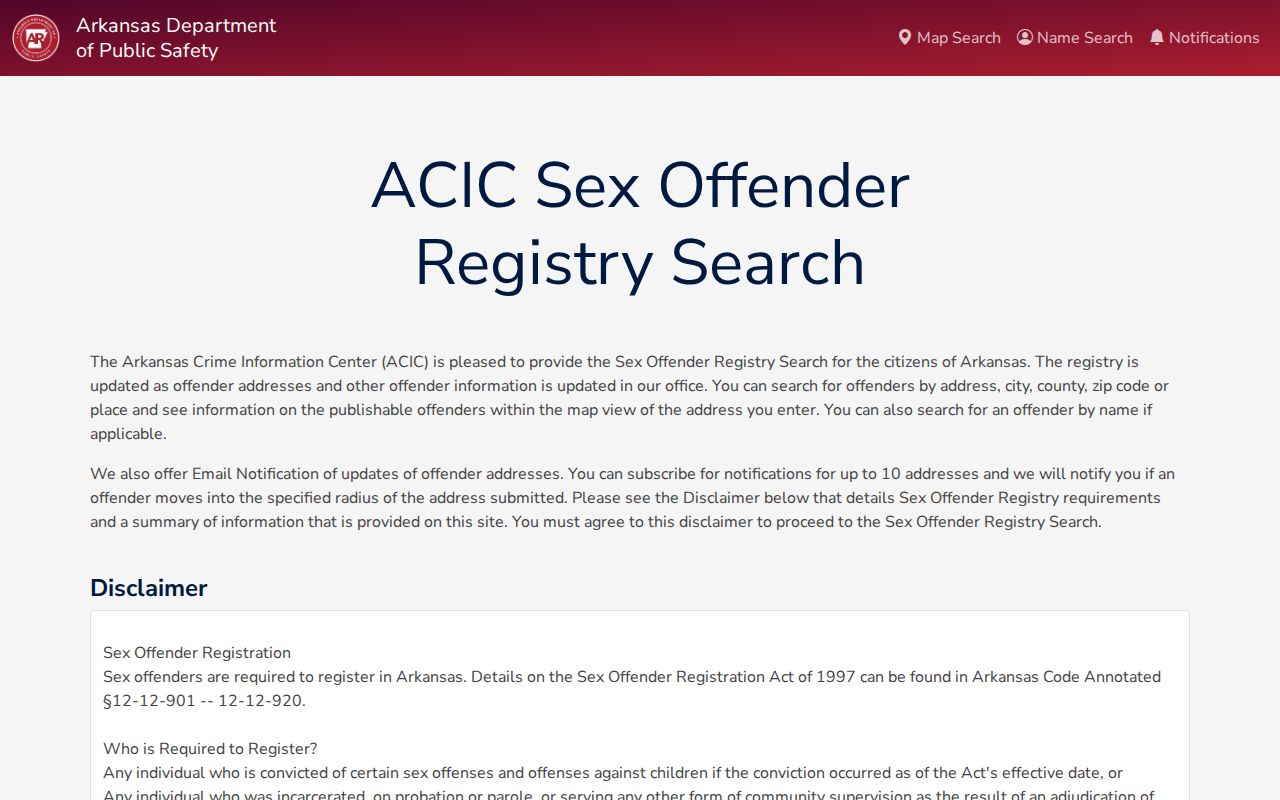 Arkansas Sex Offender Notification System public search portal for Clark County