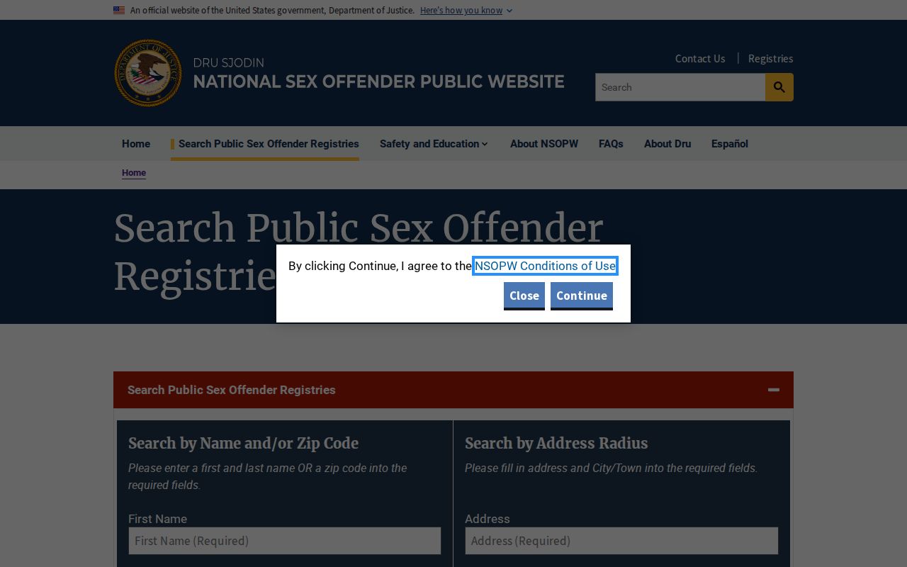 NSOPW national sex offender public registry search page